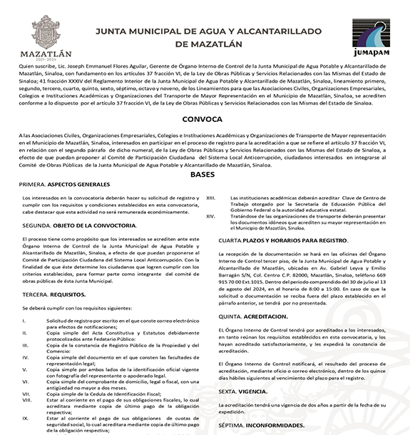 Convocatoria Pública para la selección de ciudadanos interesados en integrarse al Comité de Obras Públicas de la Junta Municipal de Agua Potable y Alcantarillado de Mazatlán, Sinaloa. 30-Julio-2024