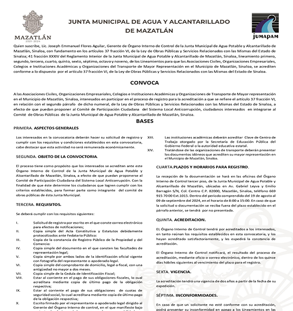 SEGUNDA CONVOCATORIA PÚBLICA DIRIGIDA A  LAS ASOCIACIONES CIVILES, ORGANIZACIONES EMPRESARIALES, COLEGIOS E INSTITUCIONES ACADÉMICAS Y ORGANIZACIONES DE TRANSPORTE DE MAYOR REPRESENTACIÓN EN EL MUNICIPIO DE MAZATLÁN, SINALOA.